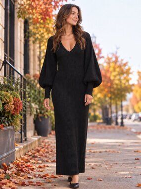 Free People Beach Rosha Black Ribbed Maxi Sweater Dress XS Balloon Sleeve V Neck